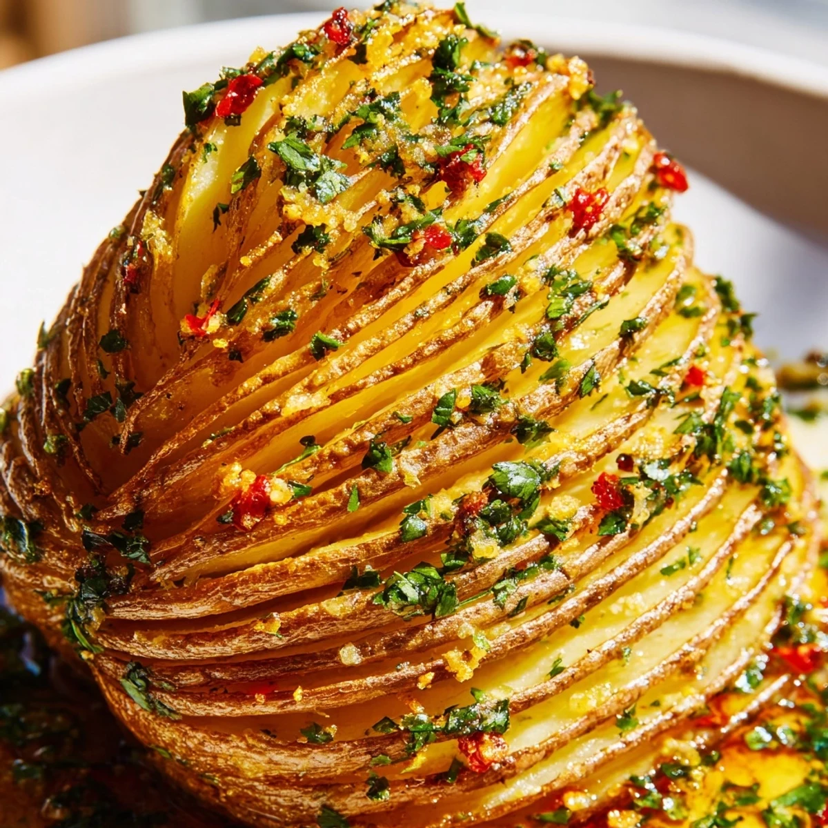 Golden, crispy hasselback potatoes roasted with herb chilli and orange butter, served hot alongside a main dish.