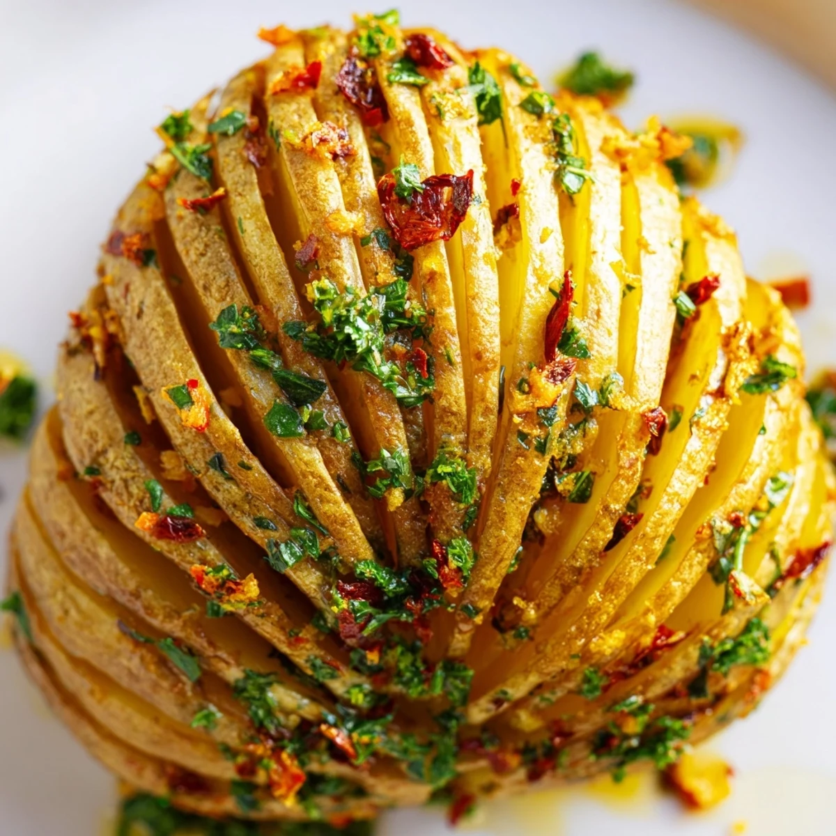 Roast Herb Chilli and Orange Butter Hasselback Potatoes fanned open on a baking tray with melted butter.