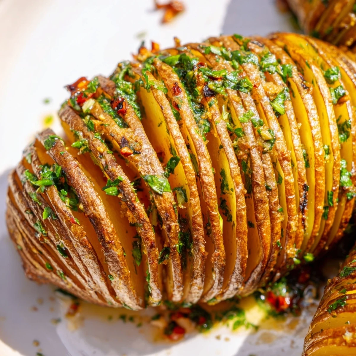 A close-up of Roast Herb Chilli and Orange Butter Hasselback Potatoes glistening with orange zest and herbs.