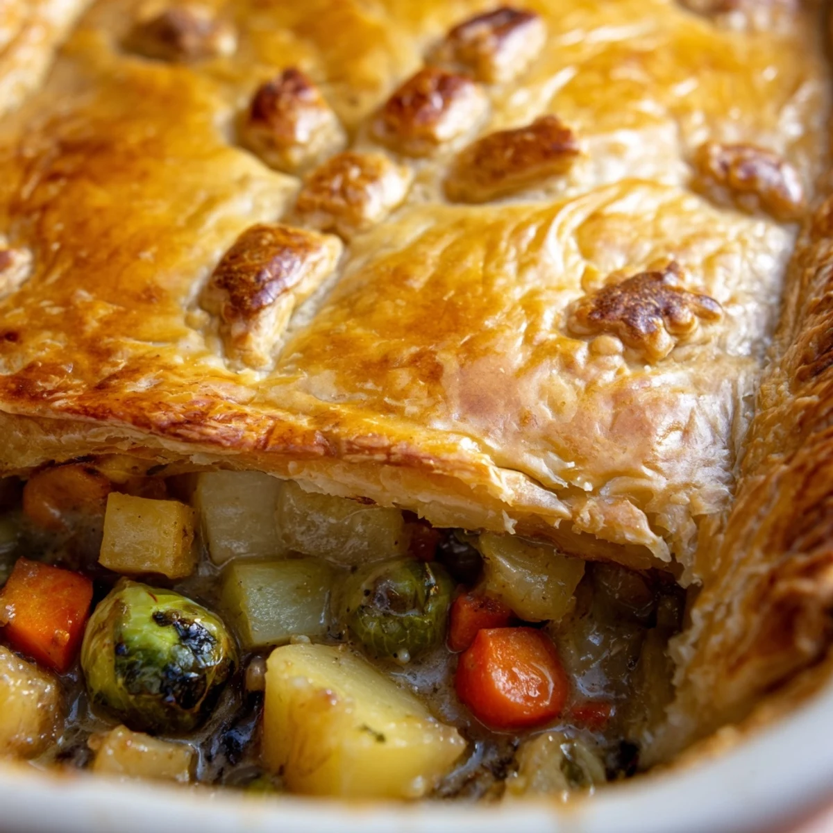 Golden-brown puff pastry covers a filling of tender leftover roast vegetables, bubbling in a rustic 9-inch dish for a comforting Leftover Roast Vegetable Pie.