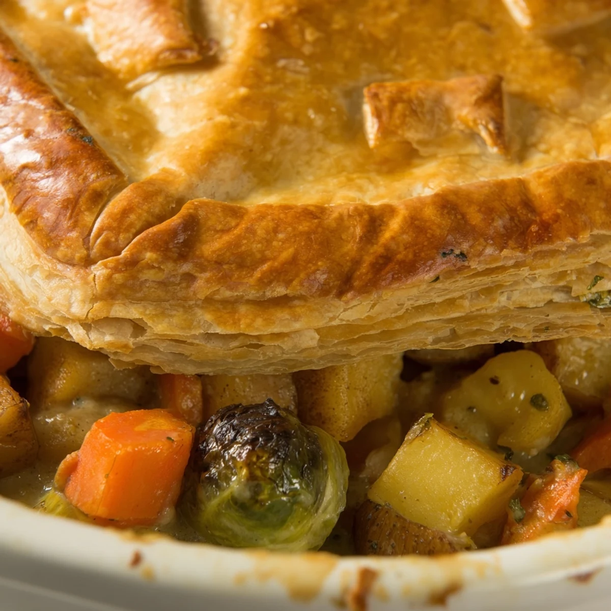 A close-up of Leftover Roast Vegetable Pie shows a flaky crust with steam rising, served warm on a wooden table for a cozy vegetarian meal.
