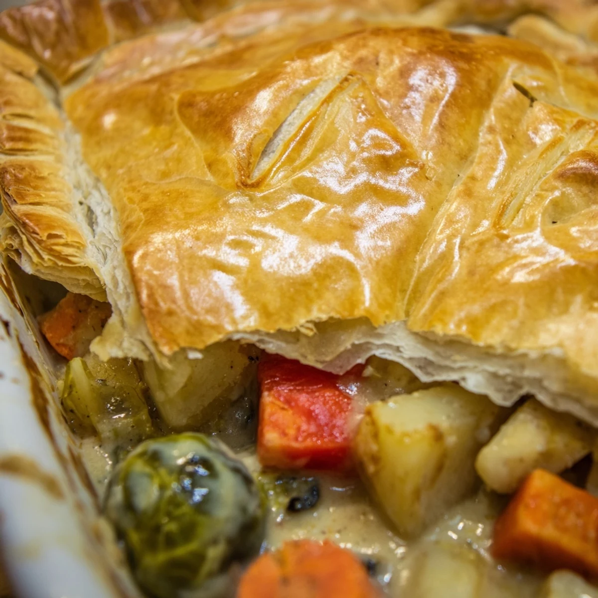 Hearty slices of Leftover Roast Vegetable Pie reveal creamy roasted vegetables inside, paired with a green salad on a plate for a satisfying dinner.