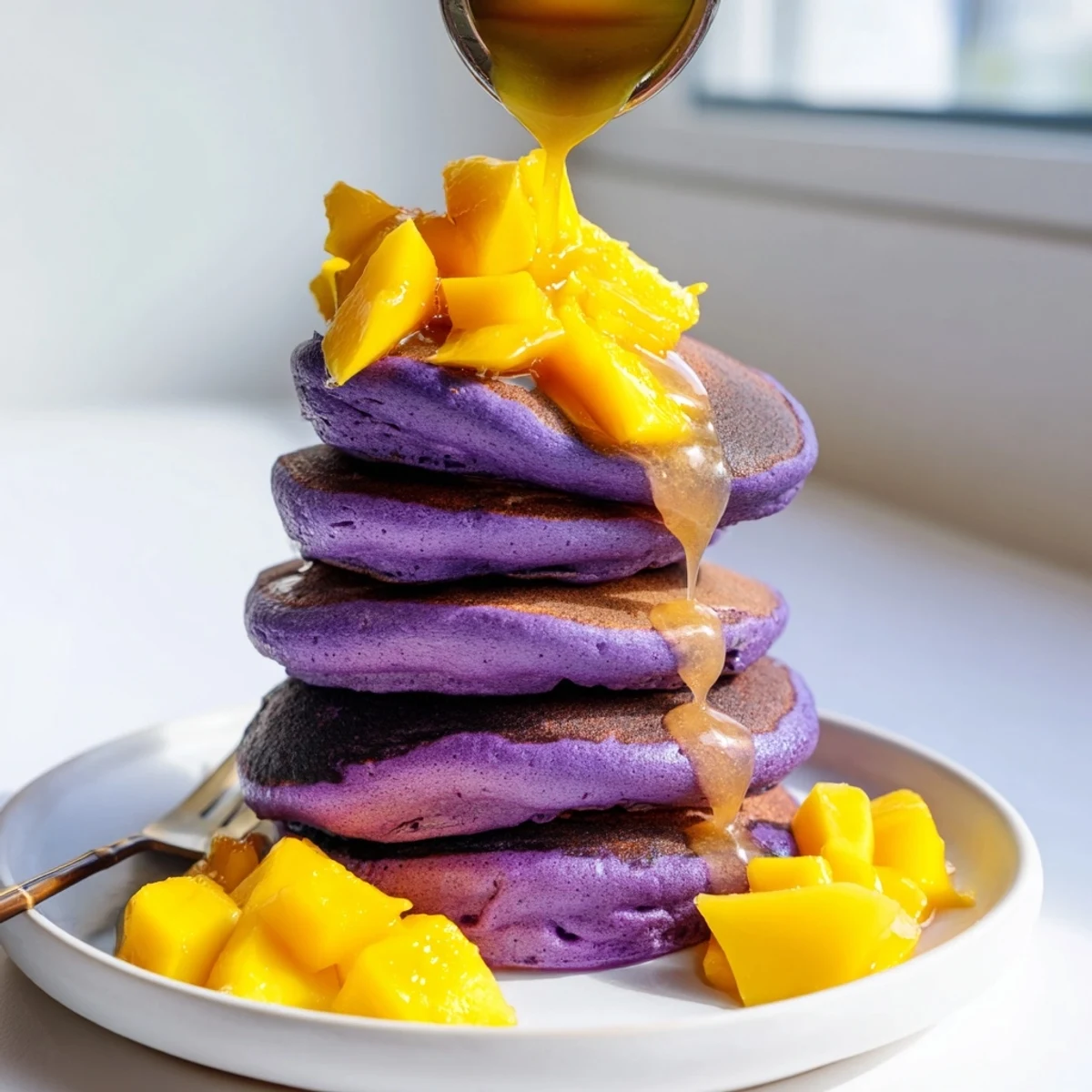A plate of Ube Mochi Pancakes topped with mango slices and toasted coconut flakes.