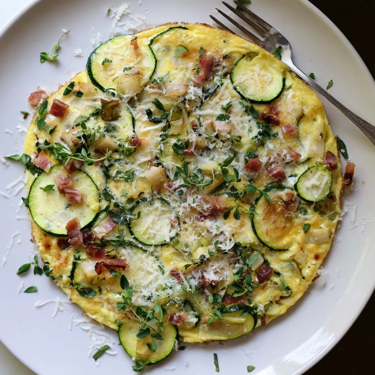 Freshly baked Zucchini Herb and Pancetta Frittata shows fluffy eggs, tender zucchini, and crispy pancetta bits.