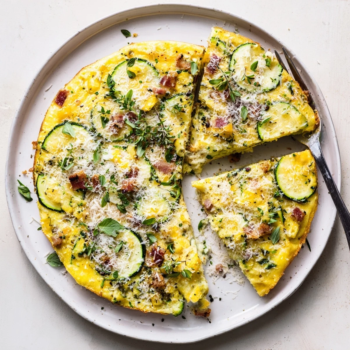 Golden-brown Zucchini Herb and Pancetta Frittata slices steaming on a plate beside a green salad.