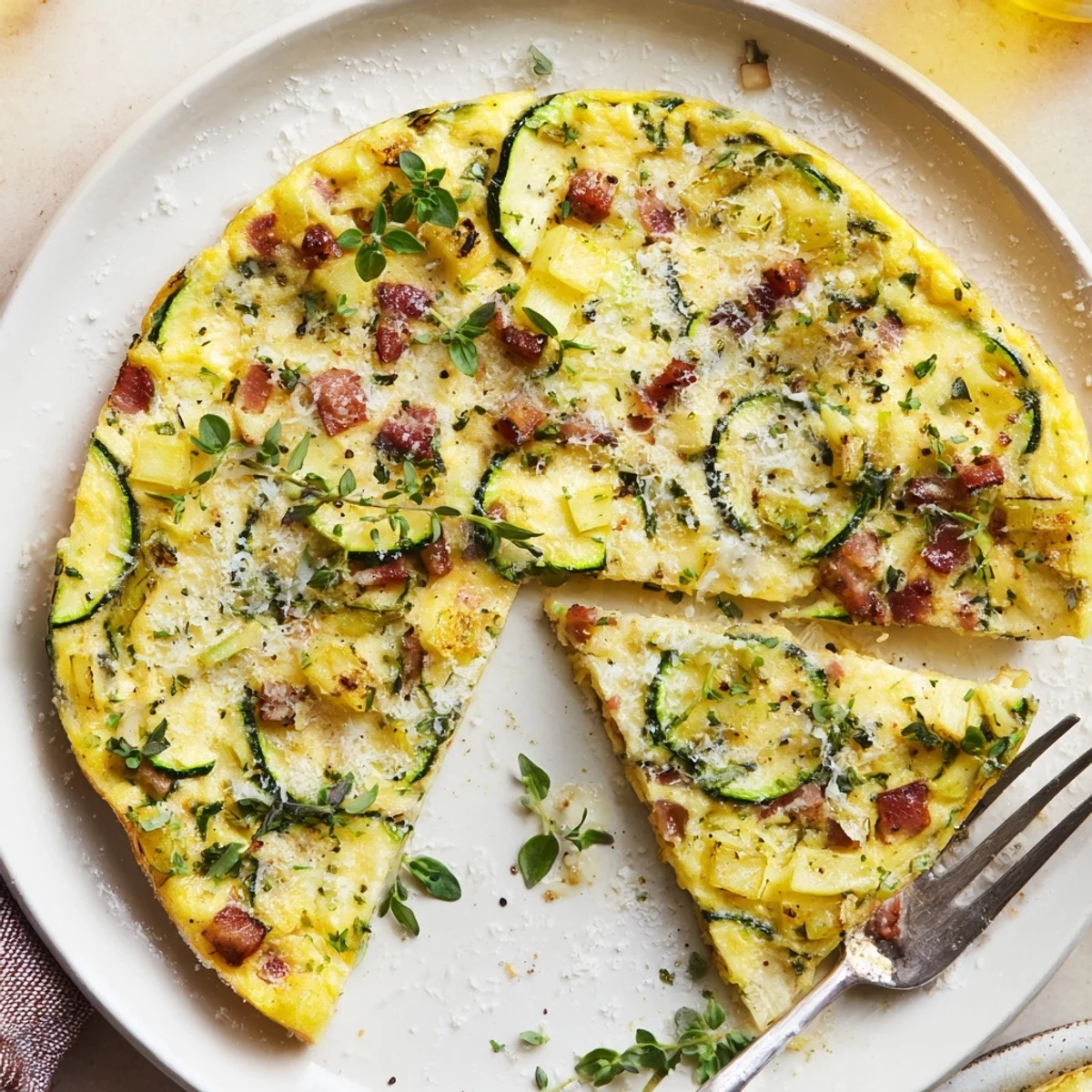 Overhead view of Zucchini Herb and Pancetta Frittata garnished with basil in a rustic cast iron skillet.