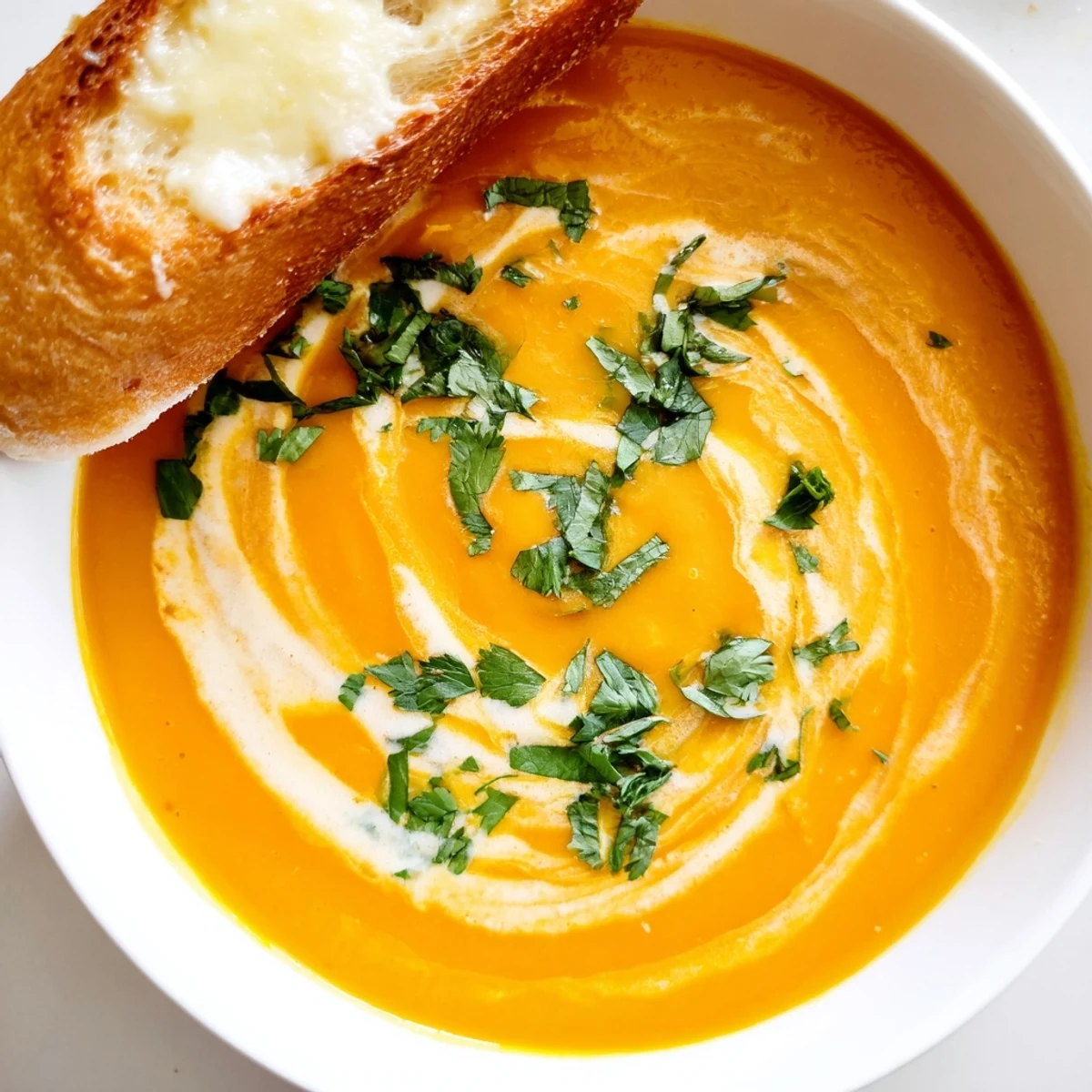 Golden, crispy Parmesan toasts rest beside a bowl of Creamy Carrot and Coriander Soup, garnished with fresh green herbs.