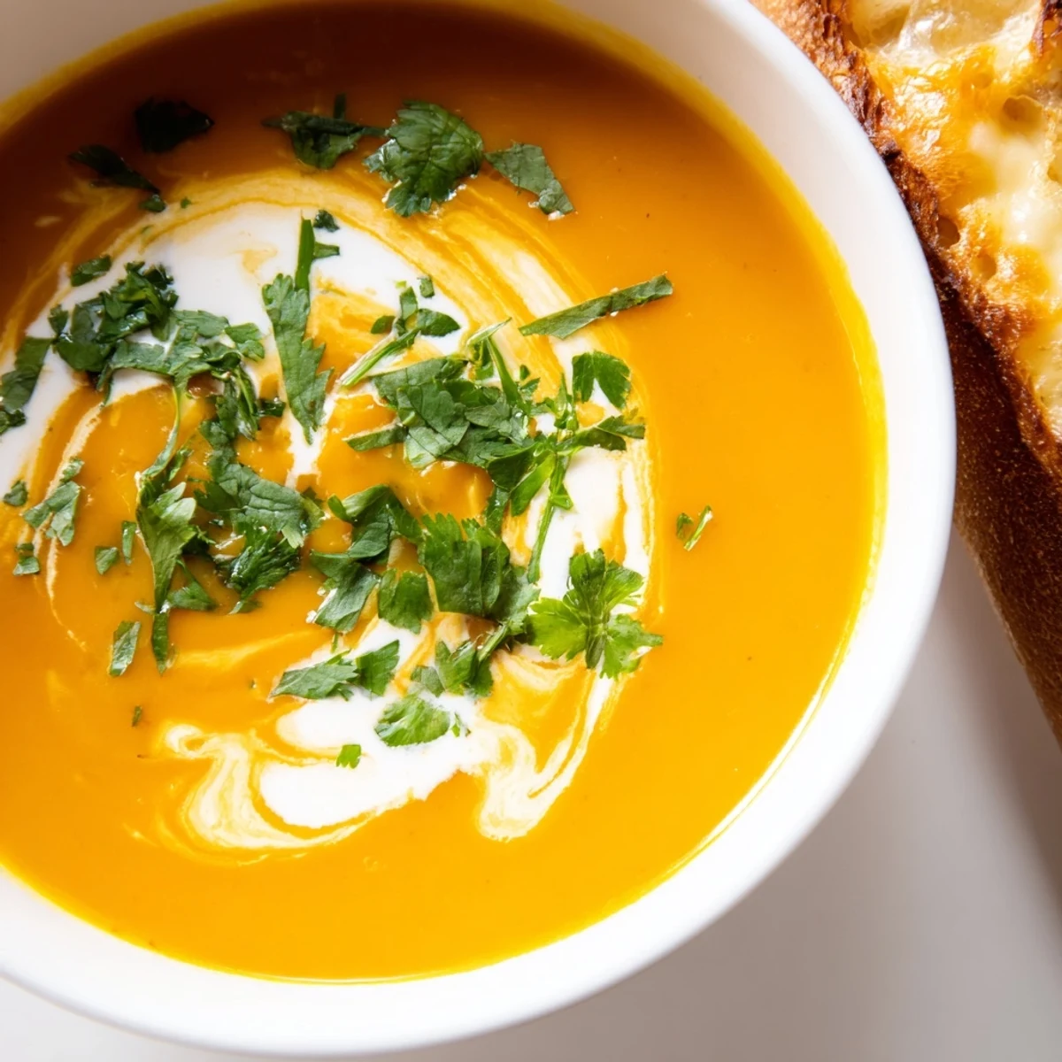 A close-up of Creamy Carrot and Coriander Soup with Parmesan Toasts, steam rising from the vibrant orange soup bowl.