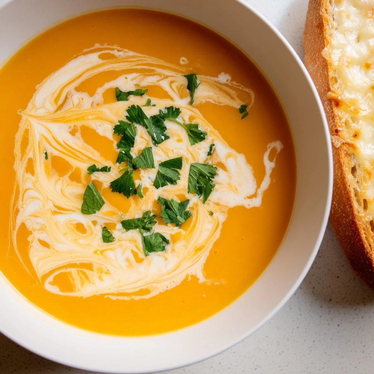 A warm serving of Creamy Carrot and Coriander Soup topped with herbs, paired with melted cheese toasts on a rustic table.