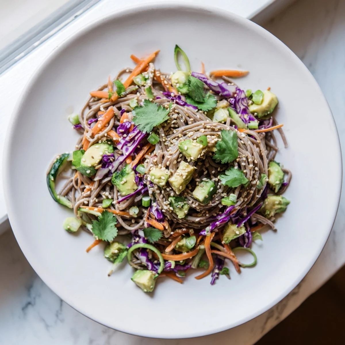 Close-up of sesame avocado and soba noodle salad with creamy avocado cubes and sesame dressing glistening on noodles.