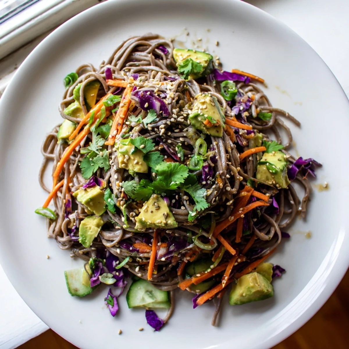 Green sesame avocado and soba noodle salad topped with toasted sesame seeds and fresh cilantro on a white plate.