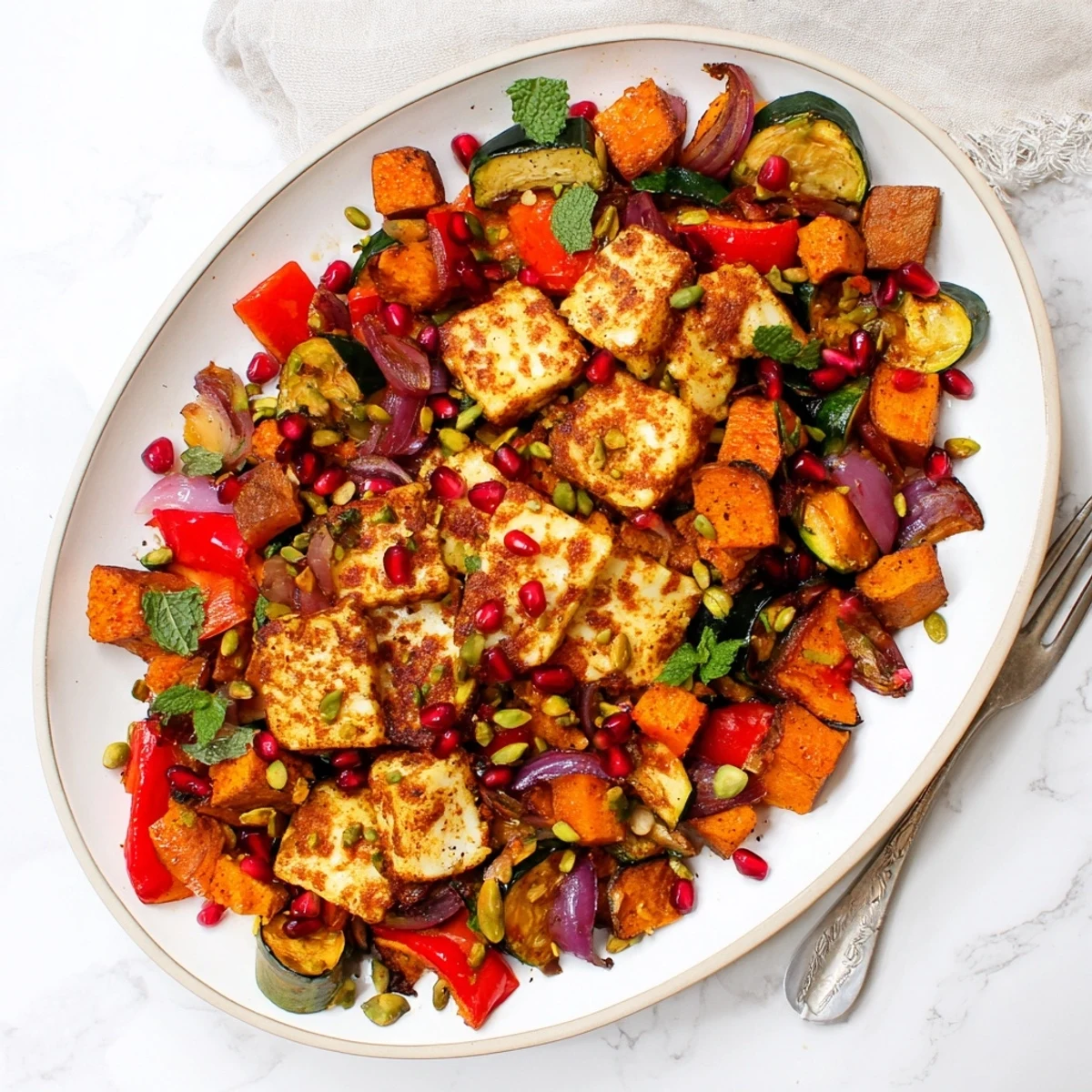 A generous slice of Jewelled Haloumi rests on spiced vegetables with fresh mint garnish.
