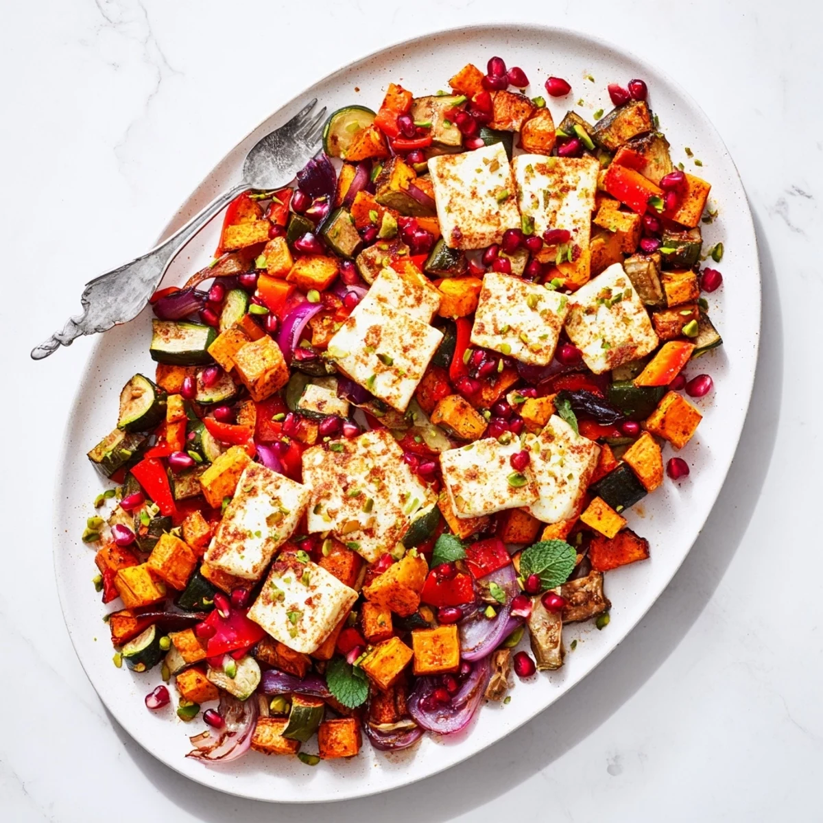 Roasted sweet potato and eggplant topped with golden Jewelled Haloumi and vibrant pomegranate seeds.