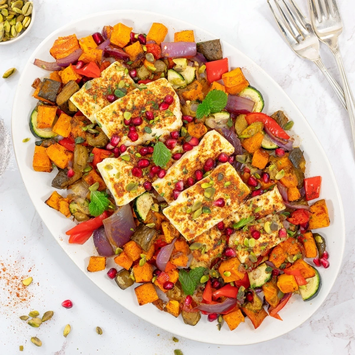 Sizzling Jewelled Haloumi beside a colorful spiced vegetable bake, served with lemon zest.