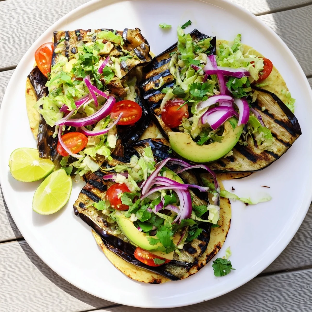 Charred Eggplant Tacos stacked high with charred eggplant, crunchy lettuce, tomatoes, and avocado on soft corn tortillas.