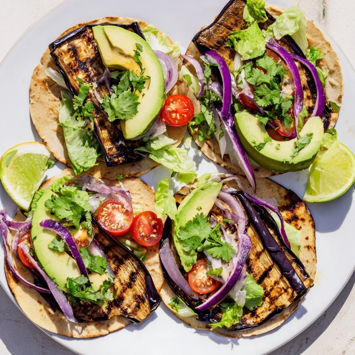 Close-up of Charred Eggplant Tacos showing juicy eggplant, cilantro garnish, and vibrant red onion on a serving plate.