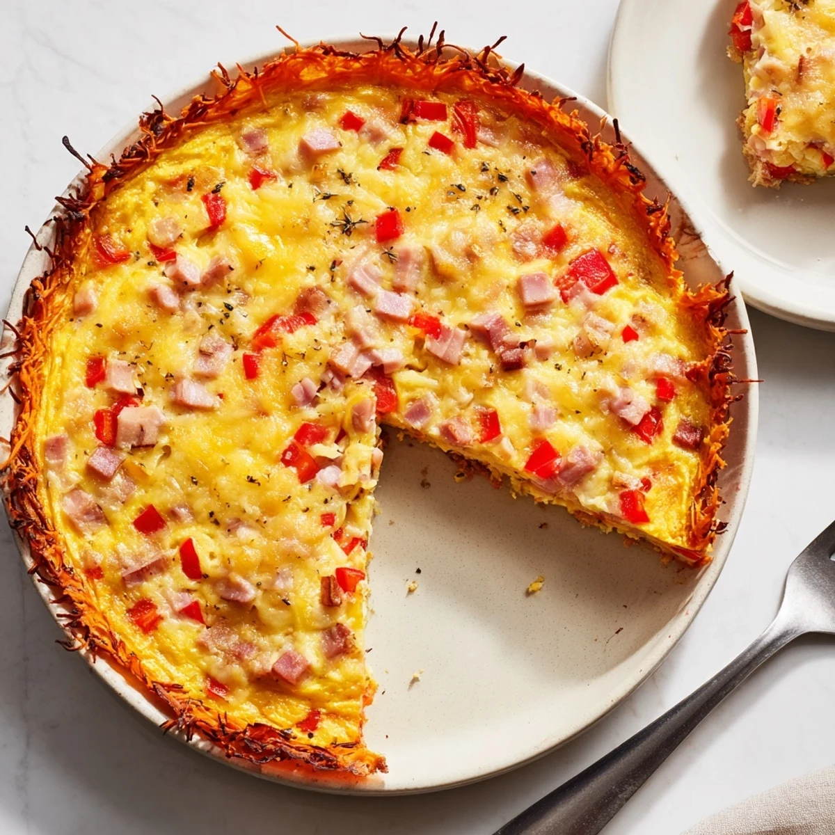 Close-up of Red Capsicum and Ham Quiche with Sweet Potato Crust, featuring a golden, gluten-free slice on a white plate.