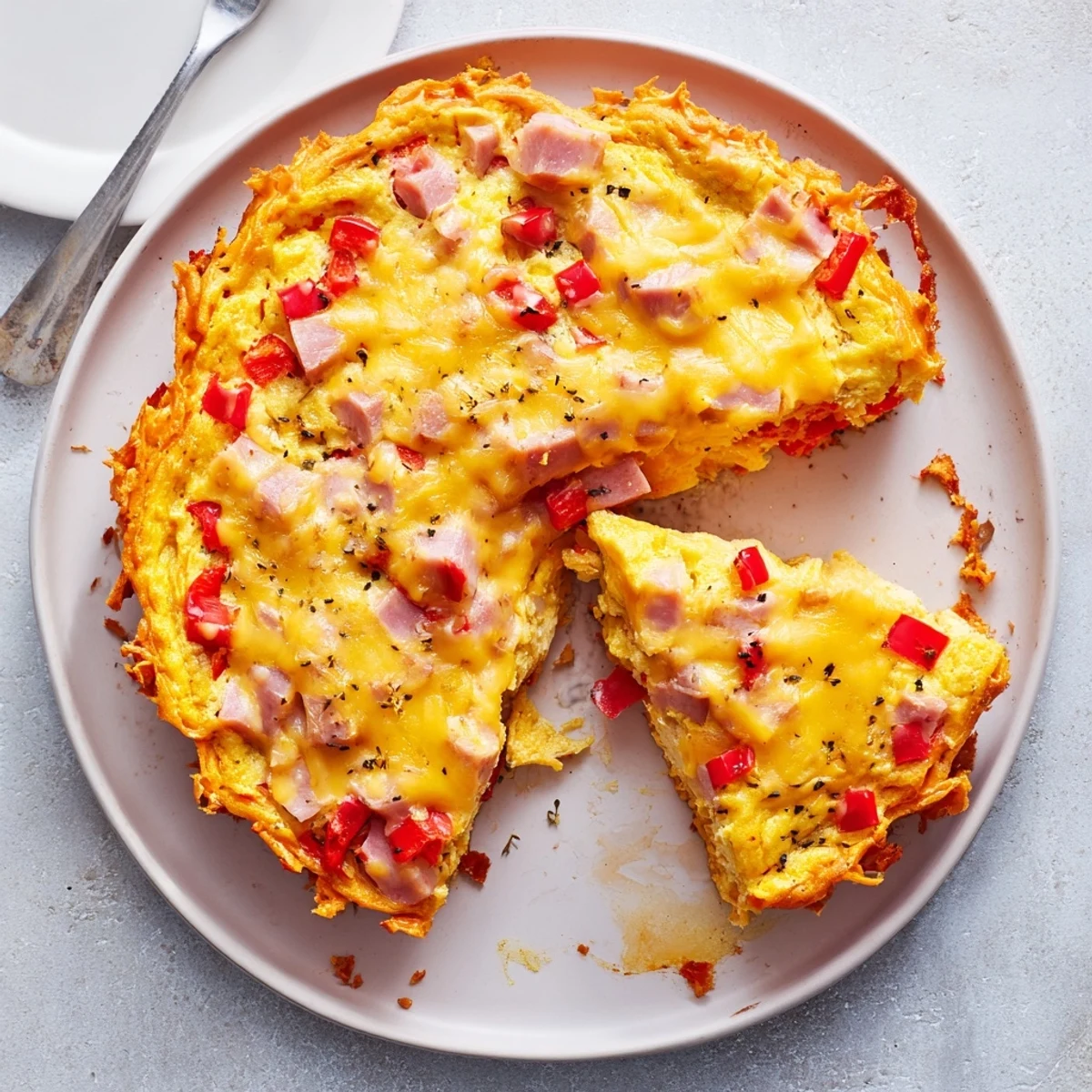 Savory Red Capsicum and Ham Quiche with Sweet Potato Crust served warm with a glass of crisp white wine.