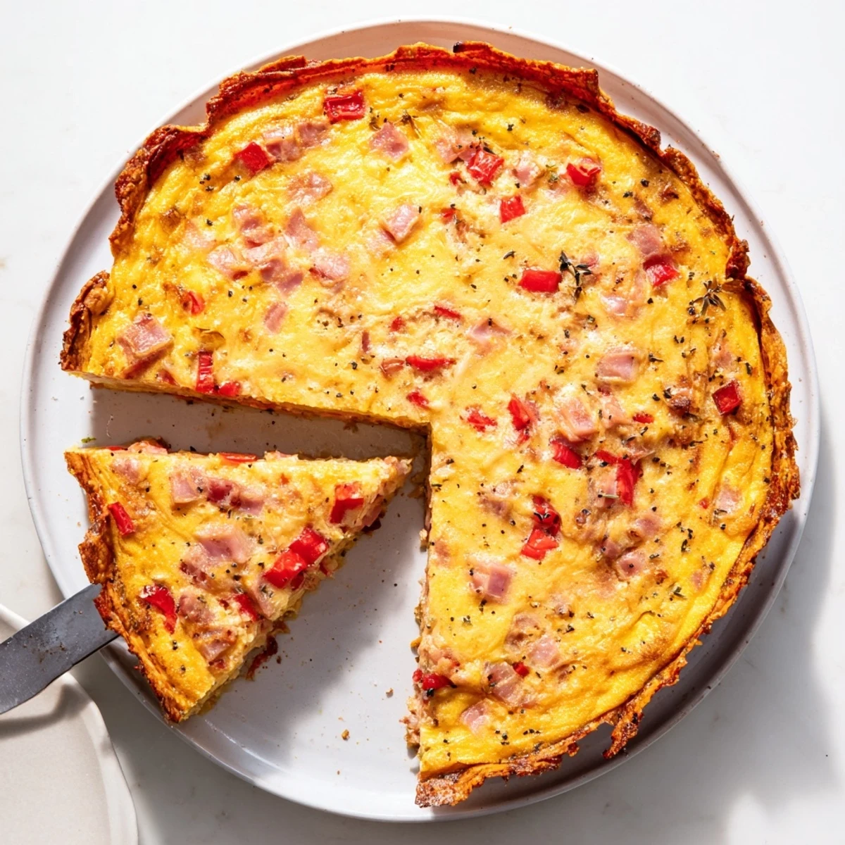 A golden slice of Red Capsicum and Ham Quiche with Sweet Potato Crust on a rustic wooden table with a salad.