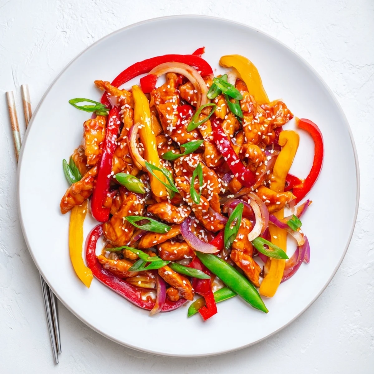 Bright slices of juicy chicken and crisp red bell peppers glisten in tangy sweet chilli sauce, served over steamed rice for an easy weeknight dinner.
