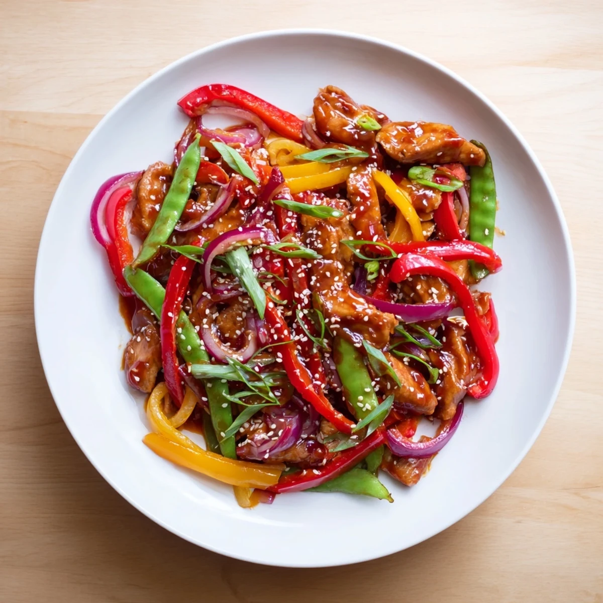 A steaming wok filled with Quick Sweet Chilli Chicken Stir Fry features colorful peppers, snap peas, and onions, ready to be scooped onto noodles for a family meal.