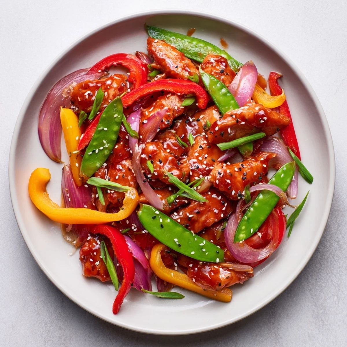 Close-up of Quick Sweet Chilli Chicken Stir Fry with tender chicken pieces, vibrant vegetables, and a glossy, sticky glaze, garnished with fresh coriander and sesame seeds.