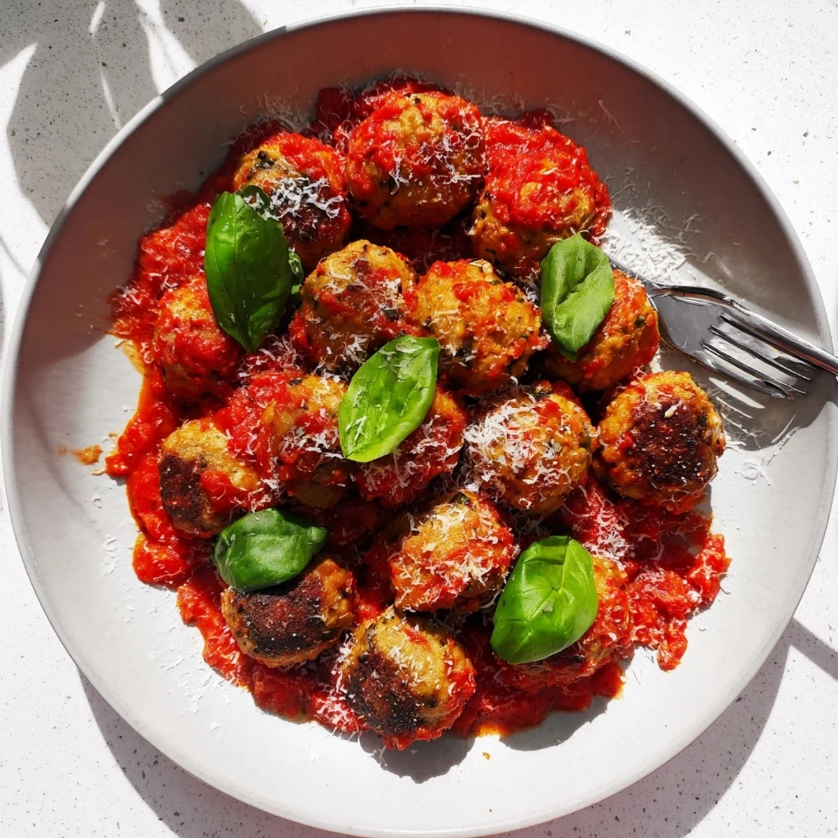 Golden-baked Ricotta and Mushroom Meatballs resting in a rich, simmering tomato sauce, garnished with fresh basil.