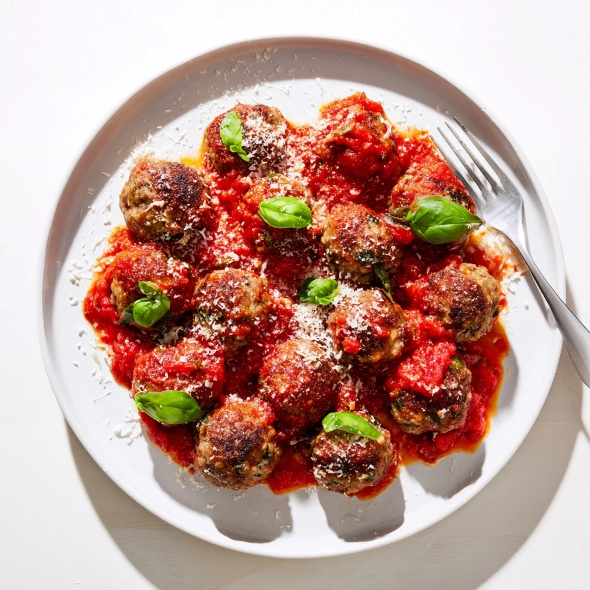 A close-up of Ricotta and Mushroom Meatballs in a hearty tomato sauce, served over a bed of spaghetti for dinner.