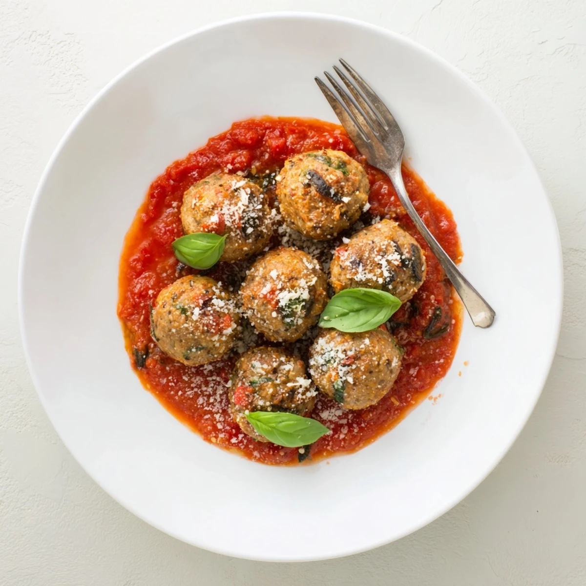 Ricotta and Mushroom Meatballs with tomato sauce, plated with crusty bread and extra Parmesan for a satisfying meal.