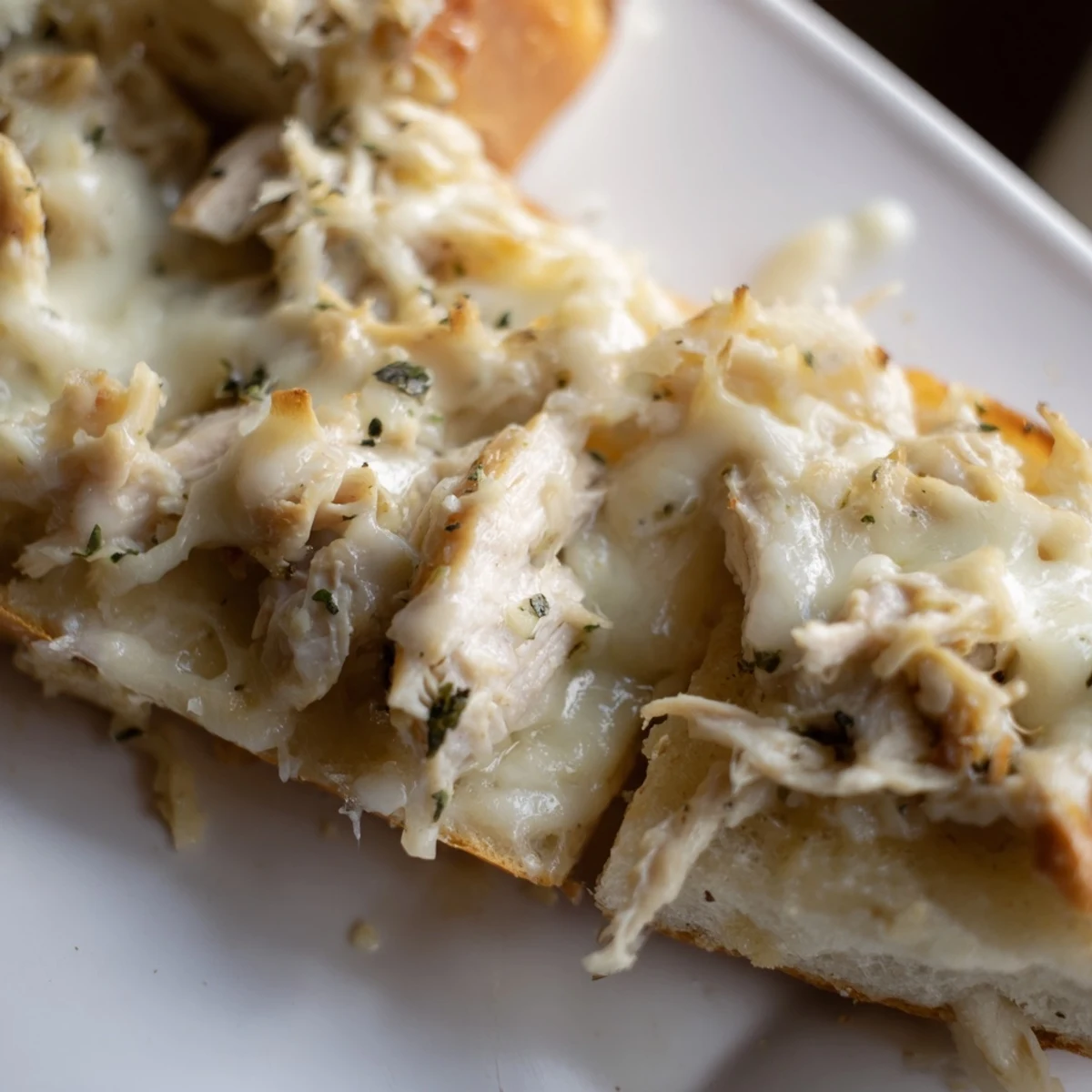Golden, bubbly mozzarella and provolone top a slice of viral chicken Alfredo garlic bread, revealing creamy sauce and shredded chicken.