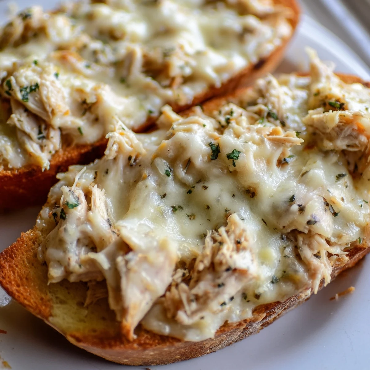 This viral chicken Alfredo garlic bread is garnished with fresh parsley, served warm as a cheesy, savory main dish or appetizer.