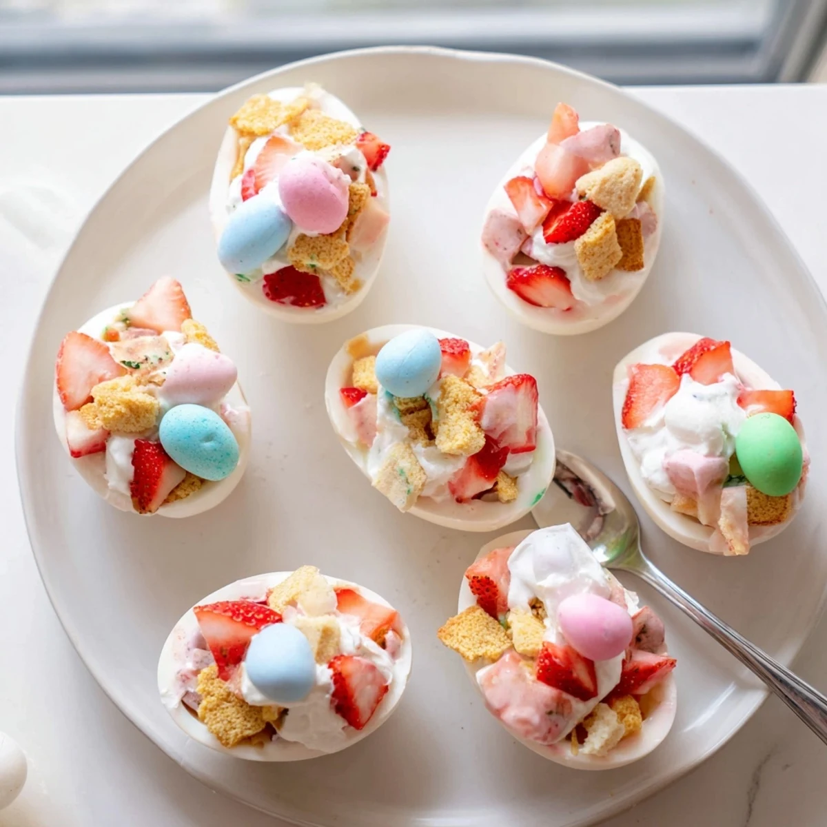 A hand holds a finished Strawberry Shortcake Easter Egg Bomb, revealing creamy whipped cream and crumbled shortcake inside.