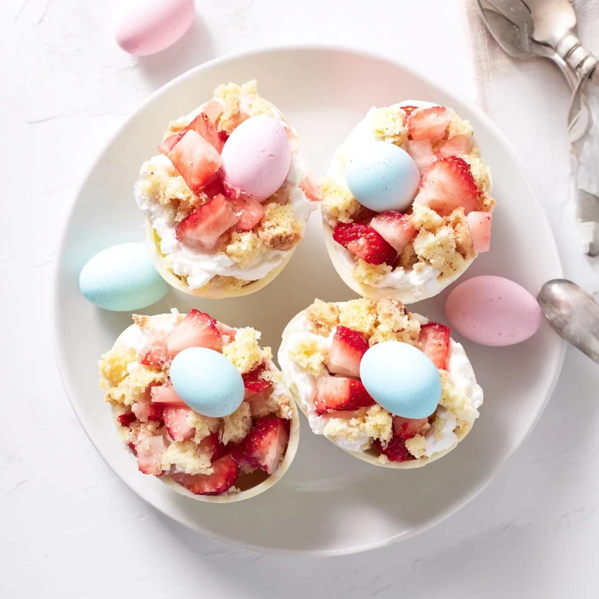 Close-up of Strawberry Shortcake Easter Egg Bombs on a pastel tablecloth, showing white chocolate shells and fresh strawberry filling.