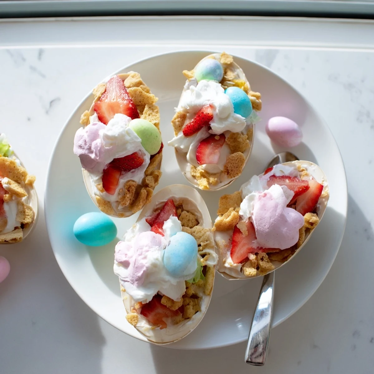 Festive Strawberry Shortcake Easter Egg Bombs arranged on a serving platter, styled with spring decorations for a holiday party.
