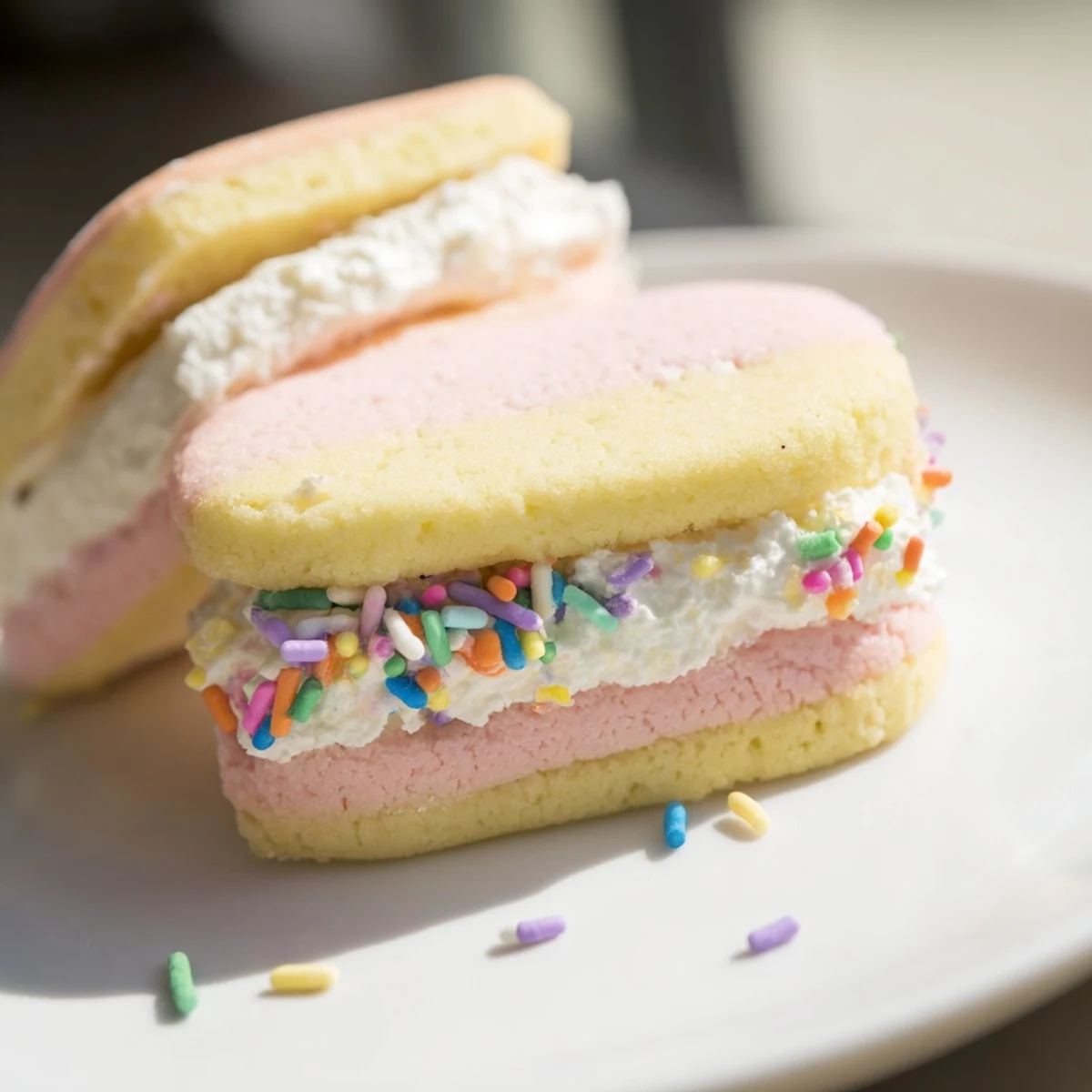 Close-up of pastel sugar cookie sandwiches stacked on a wire rack, showing the creamy vanilla buttercream filling and the pastel-hued edges of the frosted sandwich cookies.