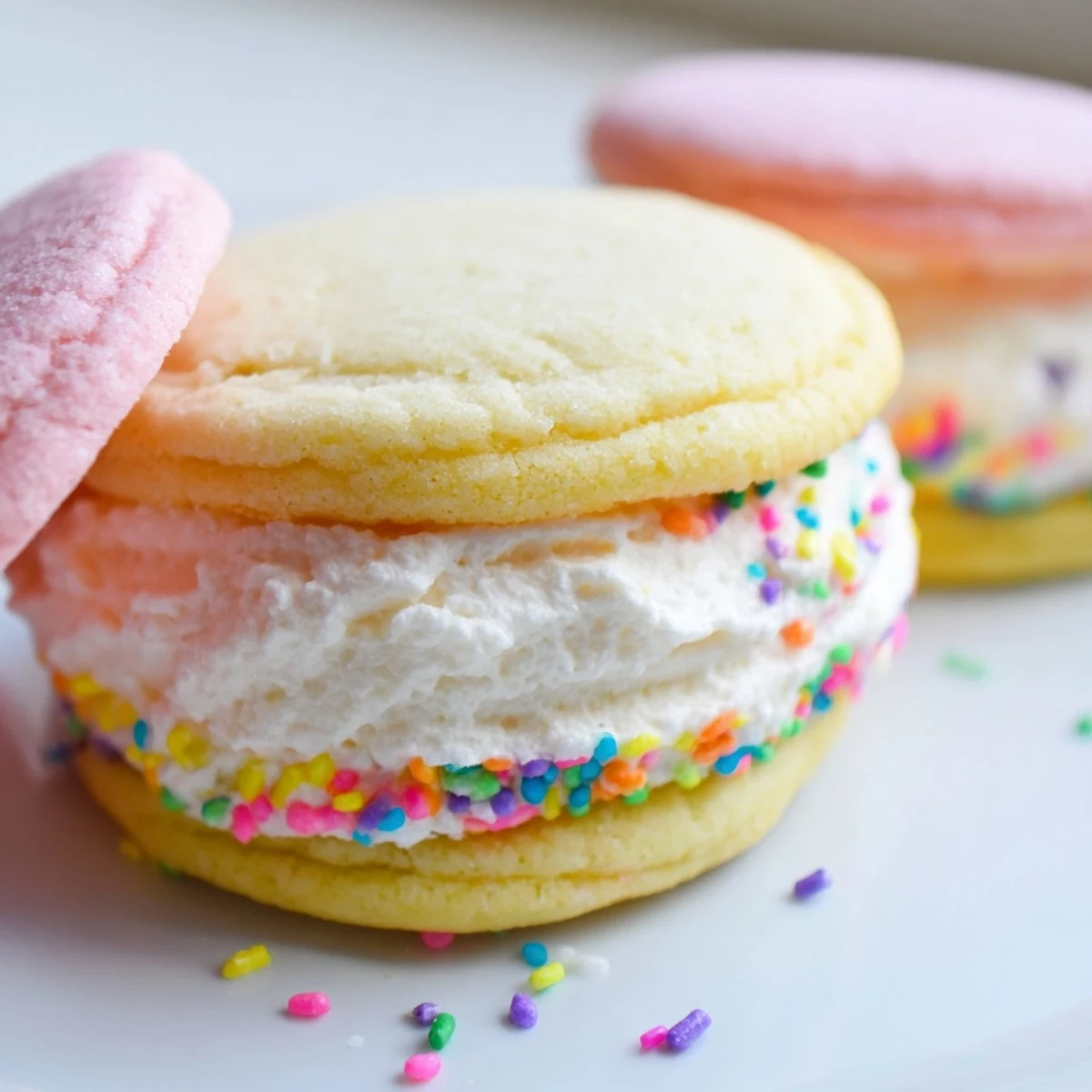 Pastel sugar cookie sandwiches displayed on a white plate with sprinkles, soft buttercream filling peeking between two tender pastel-colored cookies, ideal for an Easter dessert table.