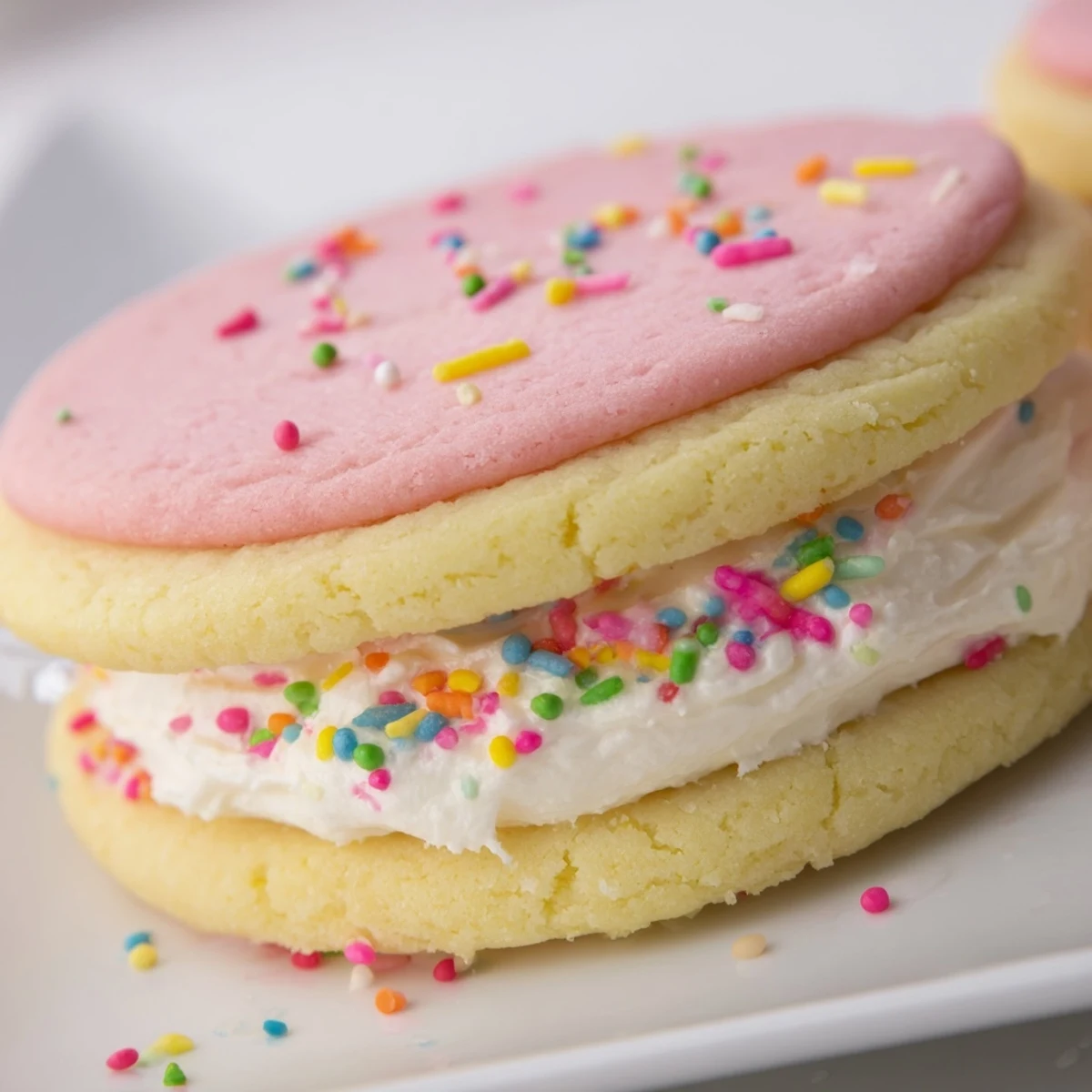 Pastel sugar cookie sandwiches arranged in a row on a marble countertop, with a glass of milk and extra sprinkles beside them for a festive serving suggestion.