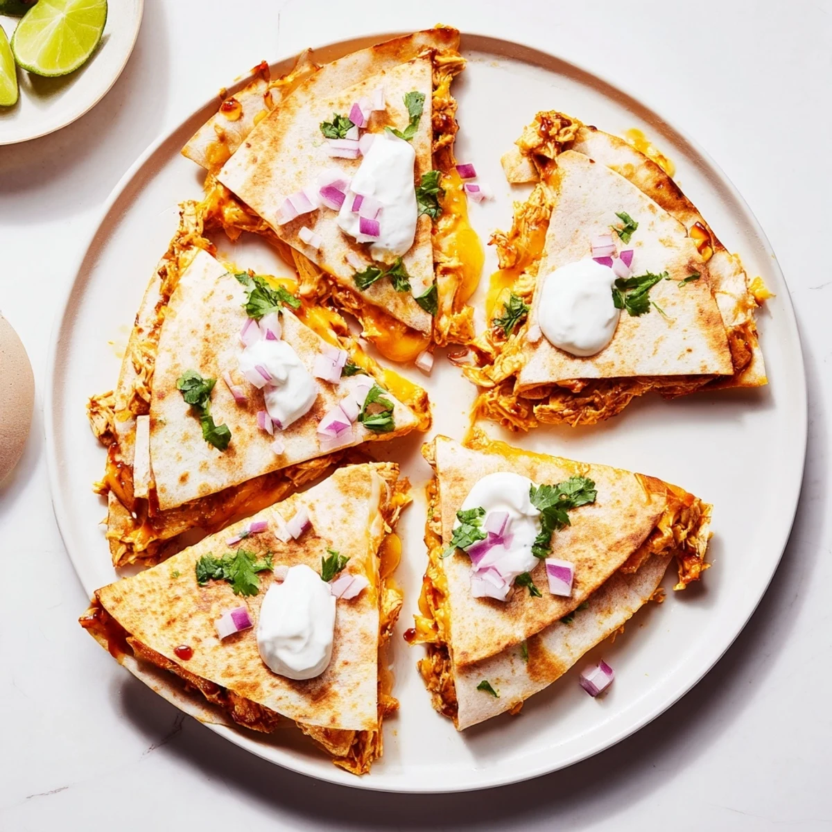 A close-up of golden-brown Hot Honey BBQ Chicken Quesadillas with melted mozzarella and cheddar cheese, garnished with fresh cilantro and diced red onion on a wooden serving board.
