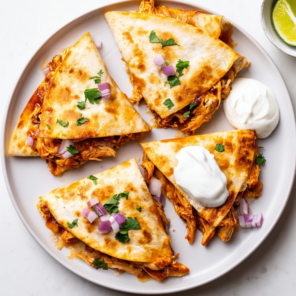 Sizzling Hot Honey BBQ Chicken Quesadillas fresh from the skillet, showcasing crispy tortillas filled with tender shredded chicken in smoky sauce and gooey cheese blend.