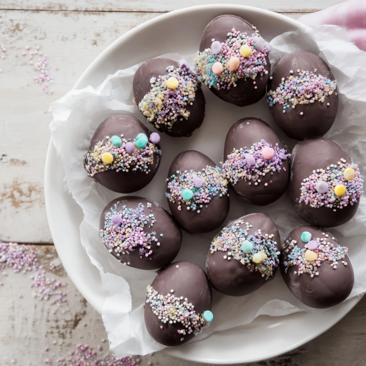 Easter Egg Oreo Balls are shown coated in smooth chocolate with colorful sprinkles, displayed on a spring-themed plate for a festive treat.