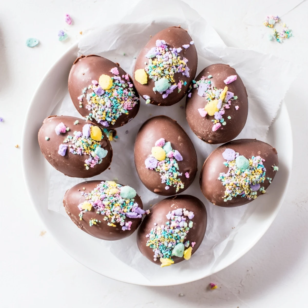 You can see a platter of decorated Easter Egg Oreo Balls, some with white chocolate drizzle, ready for a holiday celebration.