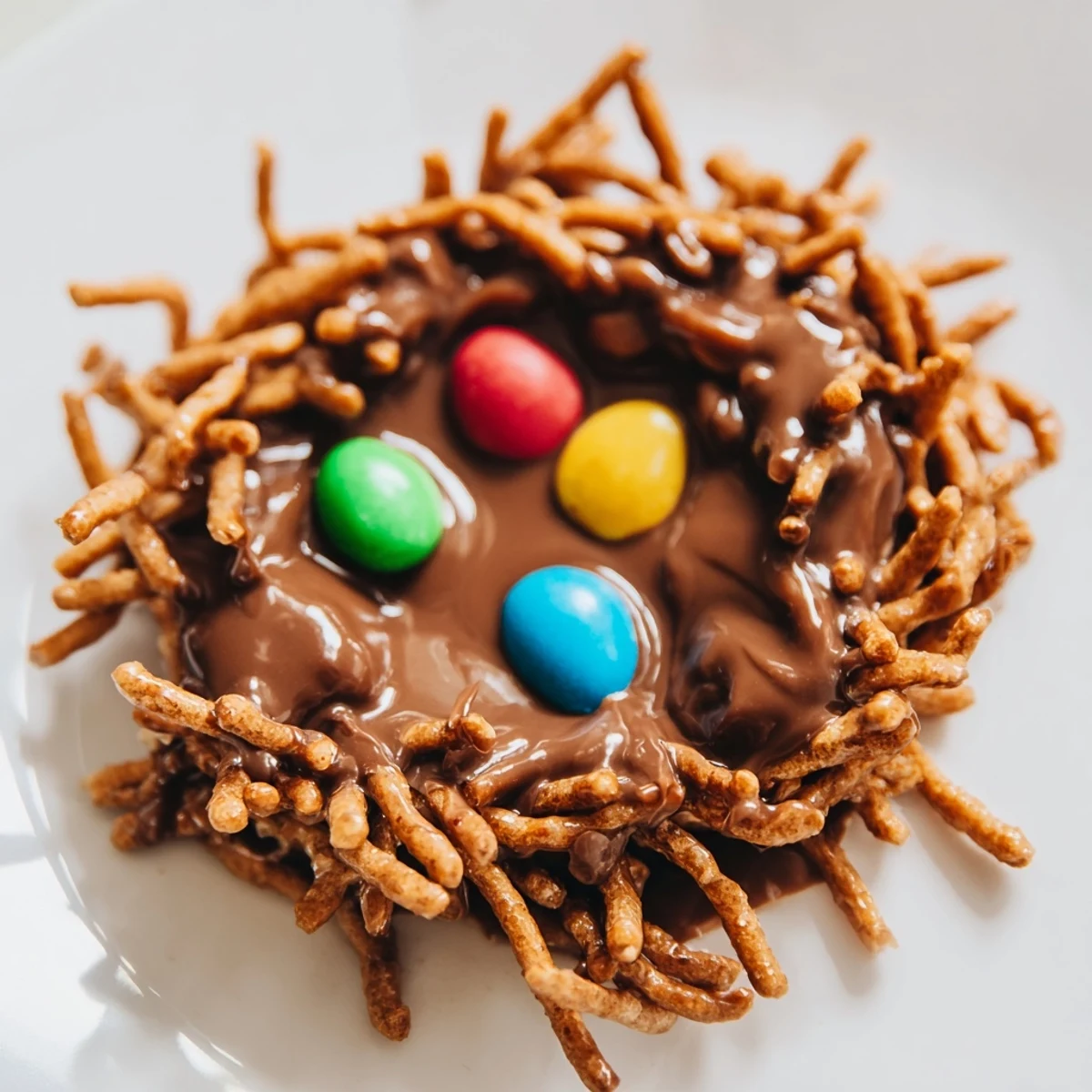 A close-up of Easter Birds Nest Cookies with Peanut Butter and Chocolate showing chocolate-coated noodles and candy eggs.
