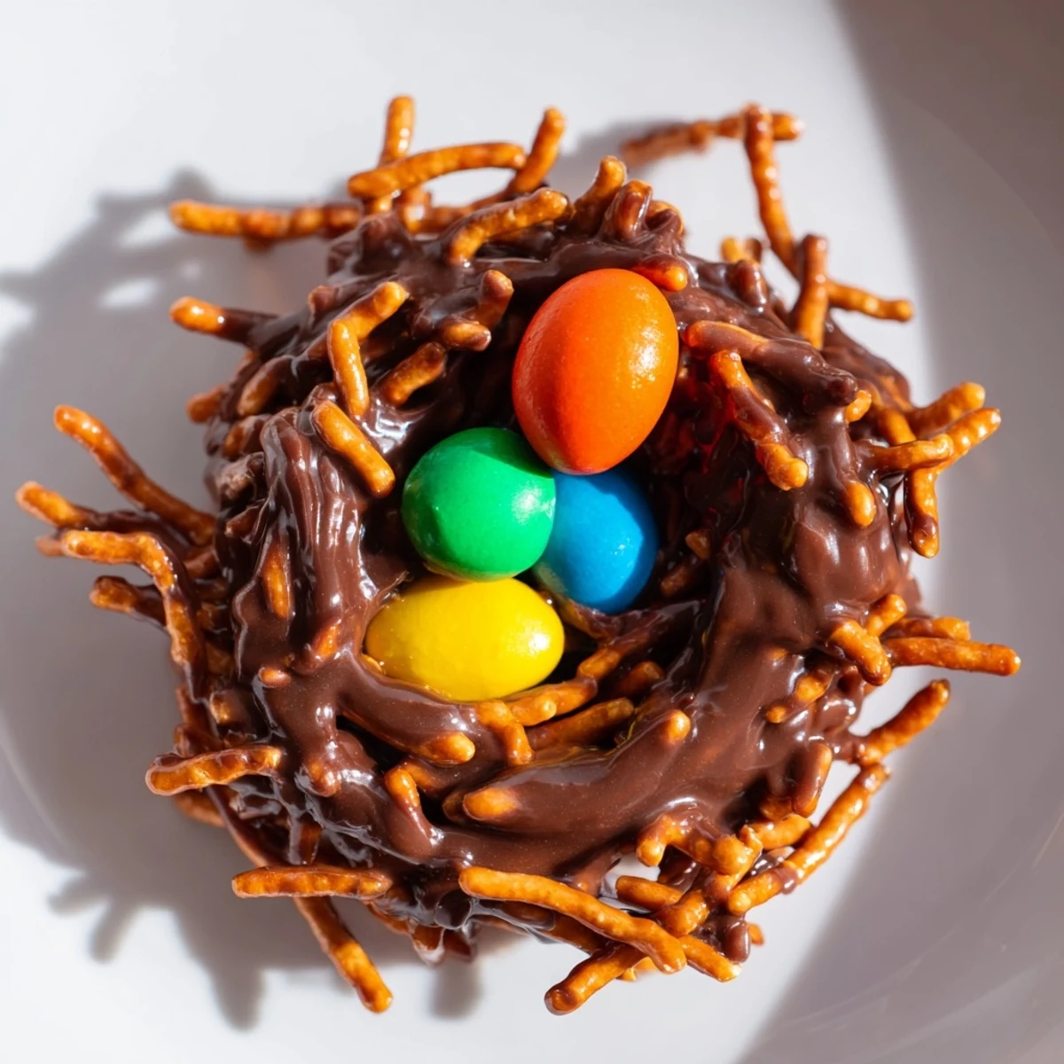 A hand holding one of the Easter Birds Nest Cookies with Peanut Butter and Chocolate, highlighting the crunchy texture and candy eggs.