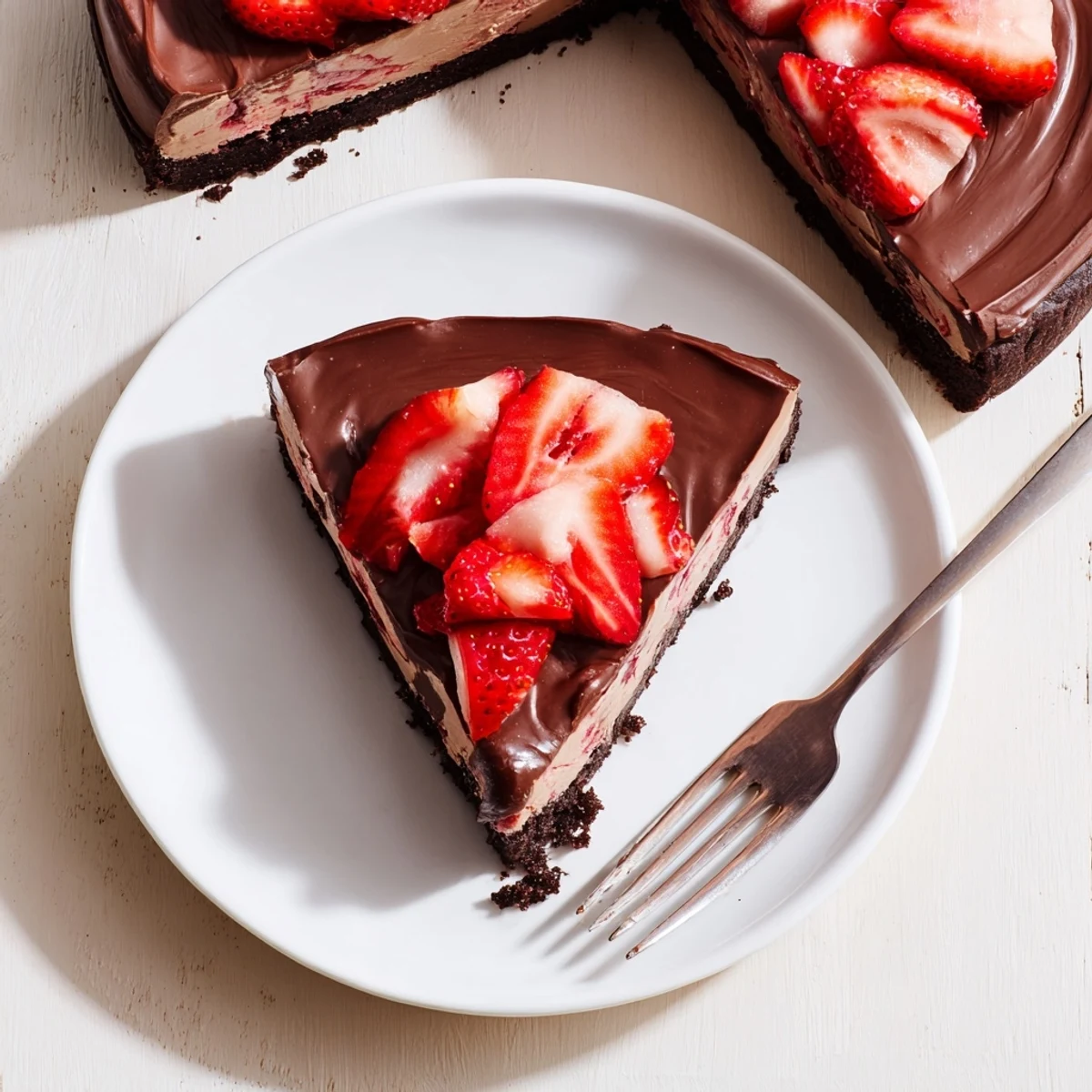 A slice of Chocolate Covered Strawberry Cheesecake on a white plate, featuring a rich chocolate cookie crust, creamy strawberry filling, and glossy chocolate ganache topped with fresh strawberry halves.