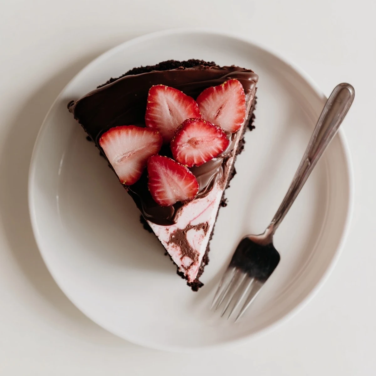 Indulgent Chocolate Covered Strawberry Cheesecake with a dark chocolate drizzle, revealing a luscious strawberry-infused filling and crunchy chocolate cookie base in a close-up shot.