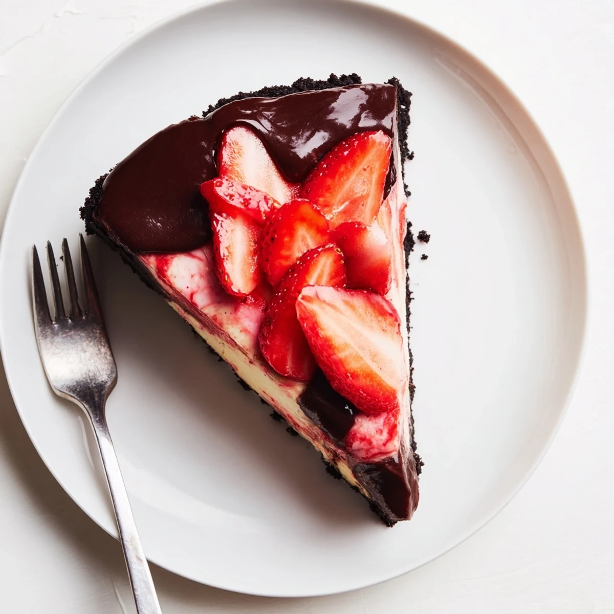 Decadent Chocolate Covered Strawberry Cheesecake served chilled, with a smooth chocolate ganache layer and vibrant fresh strawberry garnish on a rustic wooden table.