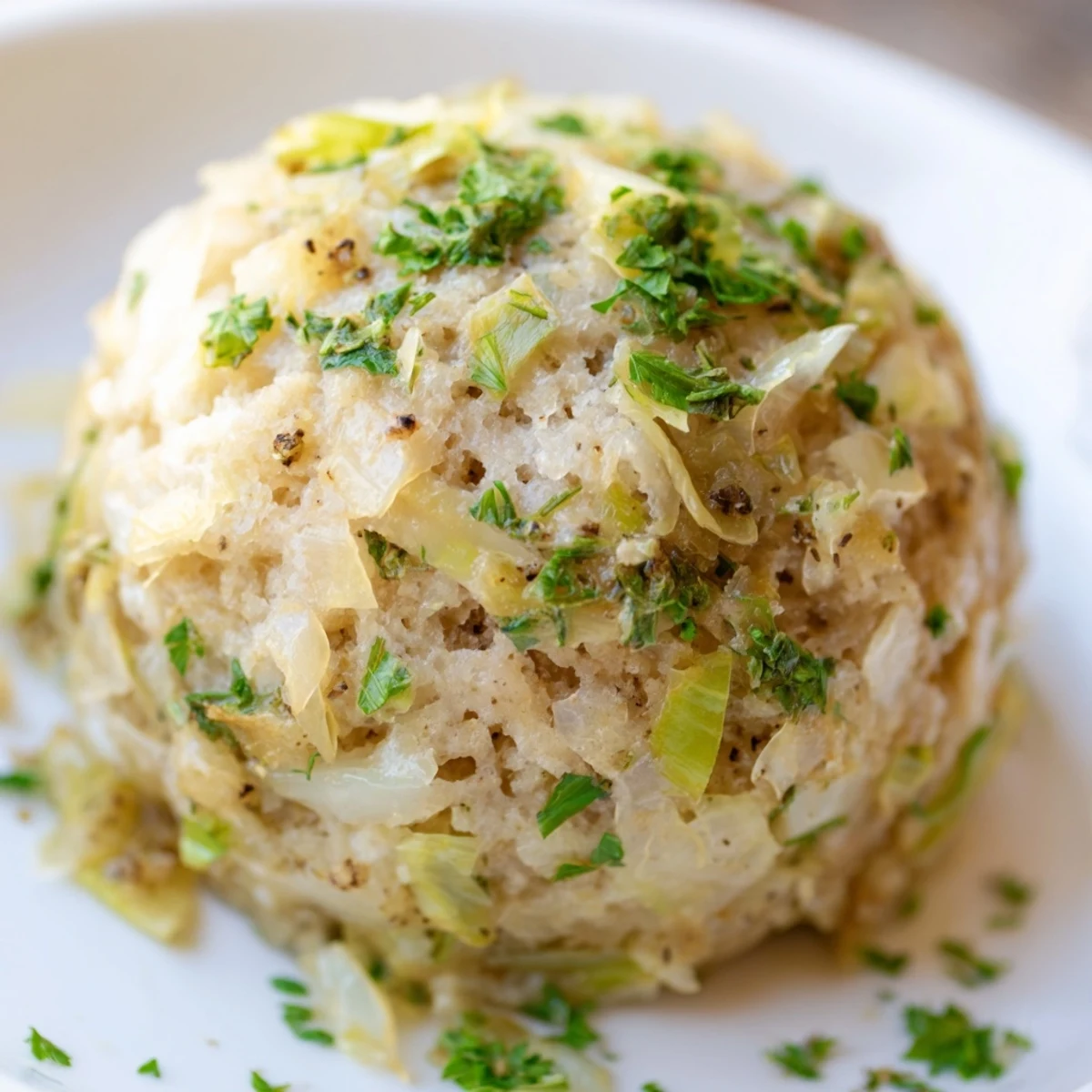 Steaming German Cabbage Dumplings on a plate, garnished with parsley and served with mushroom sauce for a hearty meal.