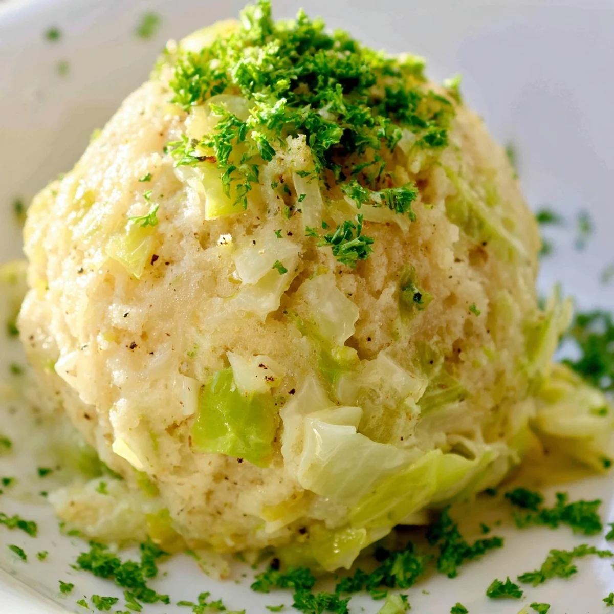 German Cabbage Dumplings simmered in broth, showcasing a light, fluffy texture and savory cabbage filling for a comforting side.