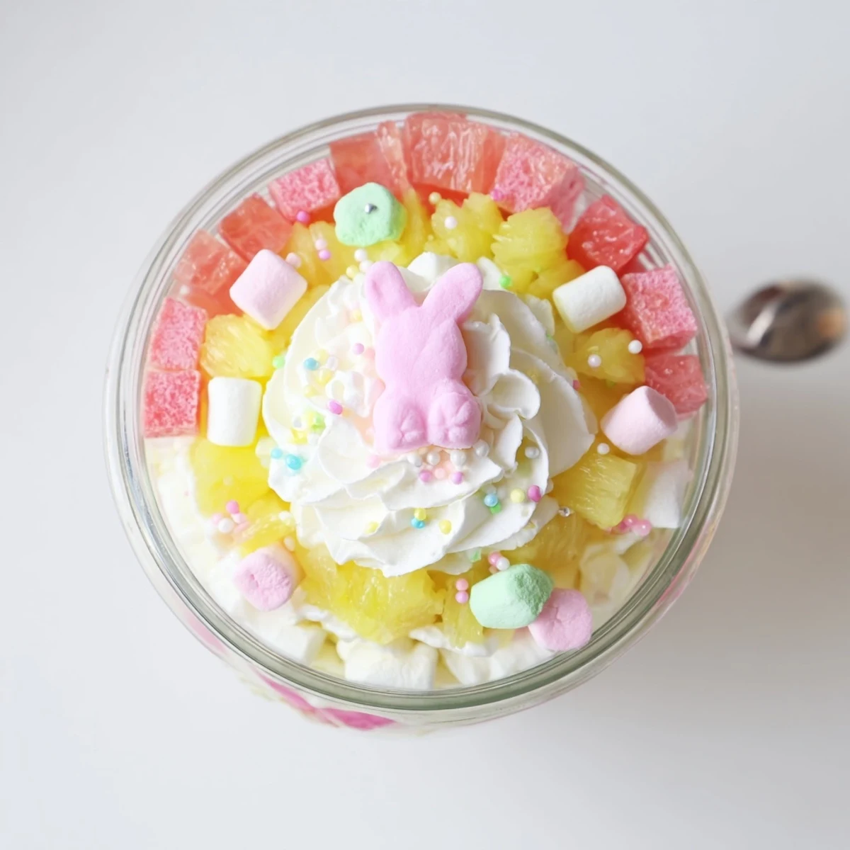 Clear glass jars display vibrant layers of red and yellow Jello Pie Easter Bunny Parfait with fresh fruit and sprinkles.