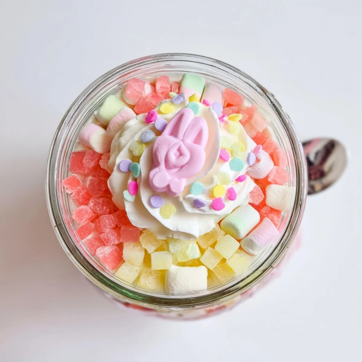A pastel dessert with strawberry and lemon gelatin cubes, fruit, and a bunny candy topping for a festive spring treat.
